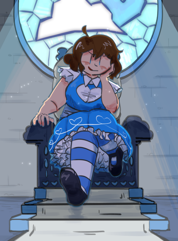 sarah (fluffy brown hair and ahoge, blue puffy heart themed dress with ruffled sleeves and underdress, heart shaped chest window with button white shirt inside, striped blue-white stockings with black shoes) sitting menacingly on a cloud/heart blue throne. 

she has an evil looking smirk, face resting against her hand and another hand on the throne. behind her is a stained glass window of her symbol, cloud and blue heart, and in front of the throne is a small set of blue stairs with white carpet rolled out. the light shines through the window, lighting sarah (and some dust particles) from the back.
